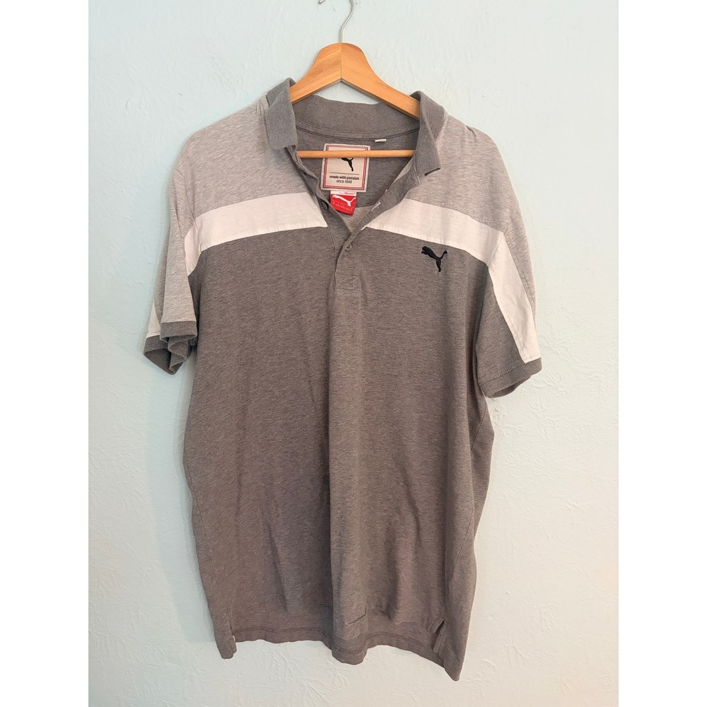 Puma Polo Shirt XL Grey Colorblock Short Sleeve Sporty Casual Athletic Y2K Vibe